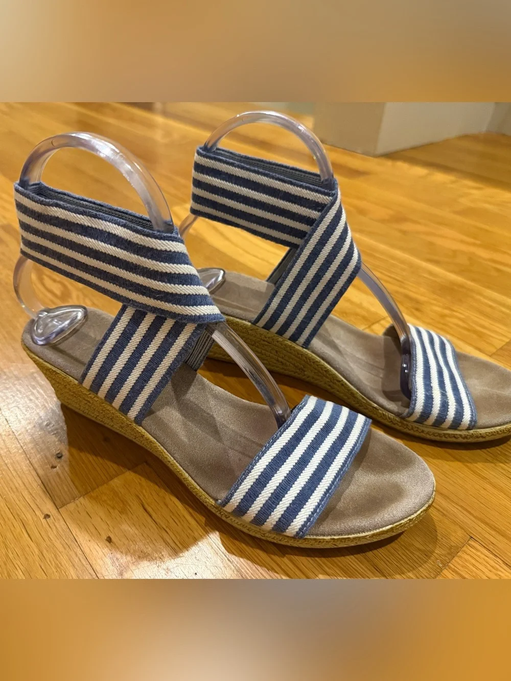 CHARLESTON SHOE CO. French Blue & White Striped Elastic Espadrille Wedge Sandals